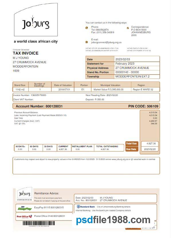 South Africa Joburg Utility Bill
